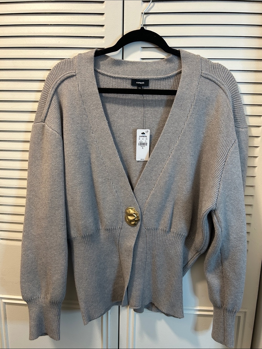 Express Gold Button V-Neck Light Gray Cardigan